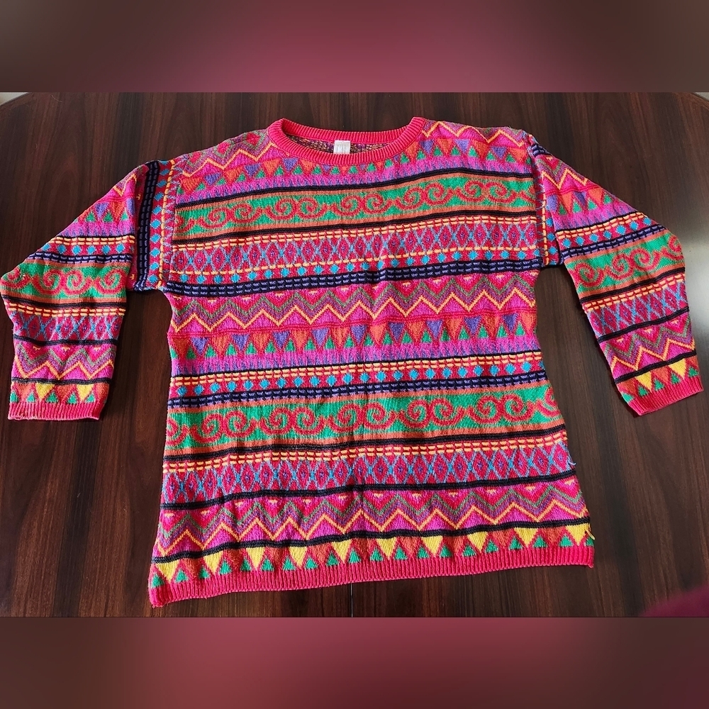 Clifford Wills Mens Large Geometric Shape  Colorful Sweater Hip Hop 80s Fresh
